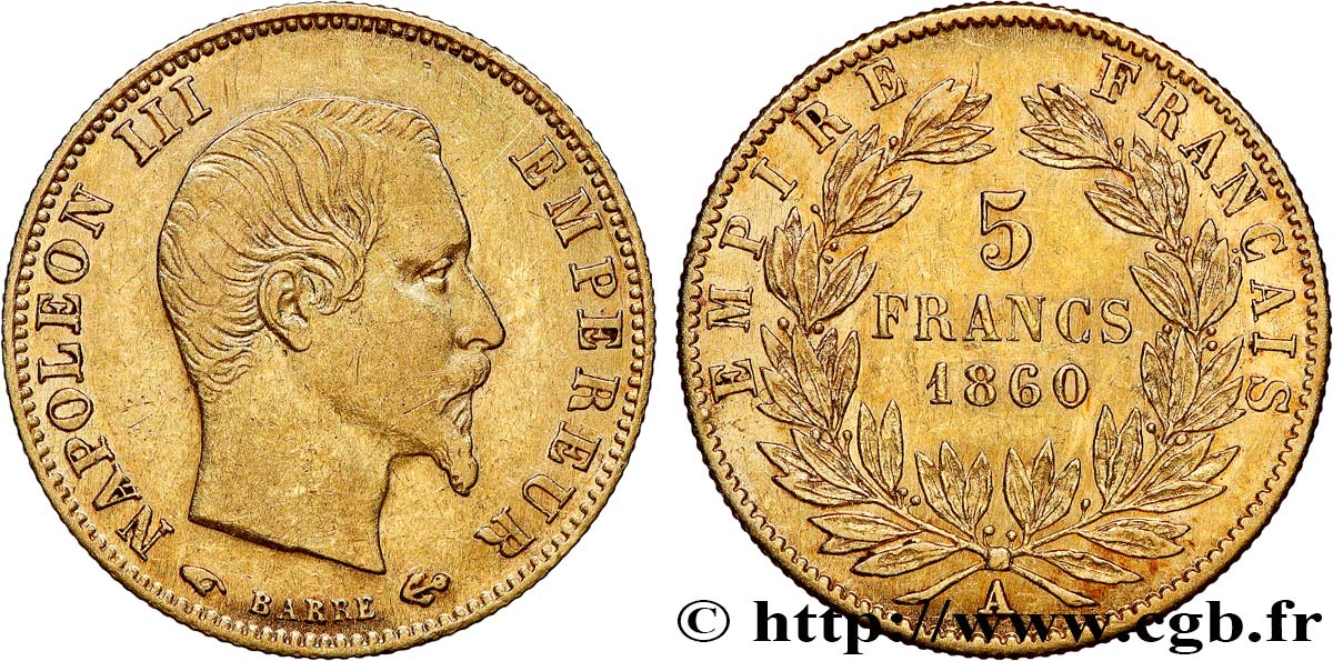 5 francs or Napoléon III, tête nue, grand module 1860 Paris F.501/10 XF 