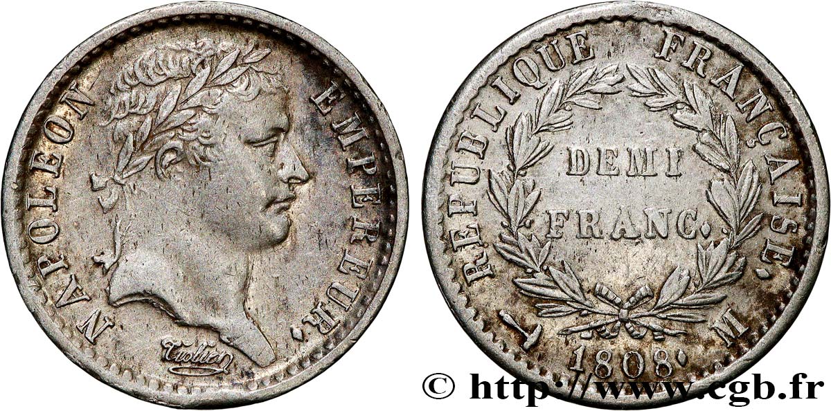 Demi-franc Napoléon Ier tête laurée, République française, buste fort 1808 Toulouse F.177/11 SS 