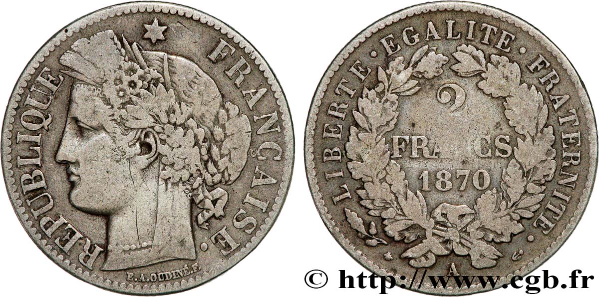 2 francs Cérès, avec légende 1870 Paris F.265/1 MB 