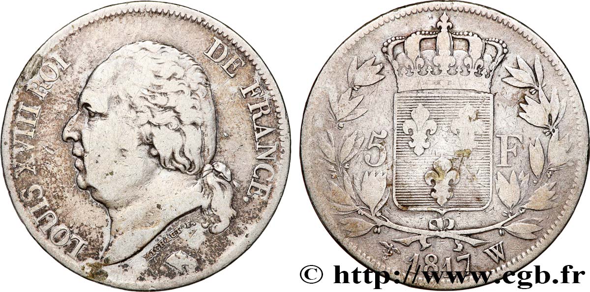 5 francs Louis XVIII, tête nue 1817 Lille F.309/27 VF 