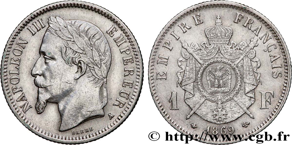 1 franc Napoléon III, tête laurée 1869 Paris F.215/14 XF 