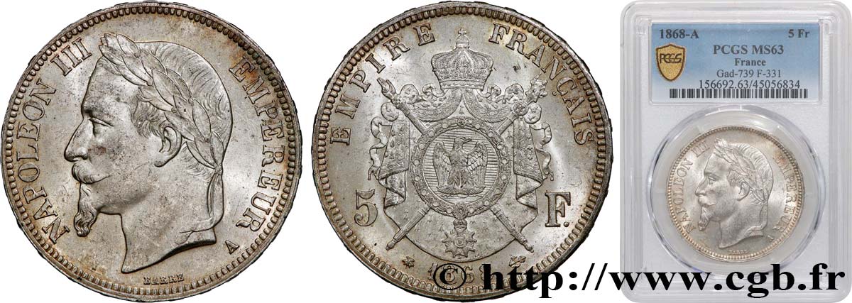 5 francs Napoléon III, tête laurée 1868 Paris F.331/12 fST63 PCGS