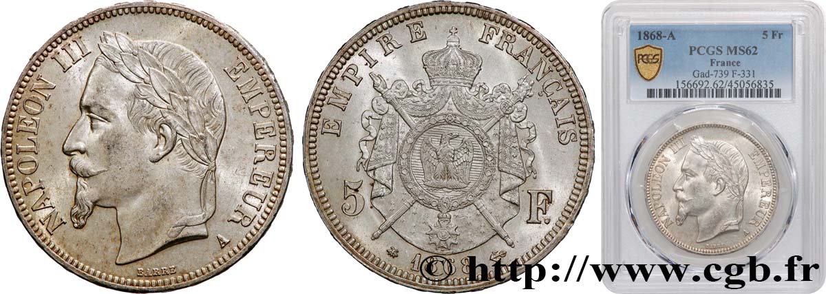 5 francs Napoléon III, tête laurée 1868 Paris F.331/12 MS62 PCGS