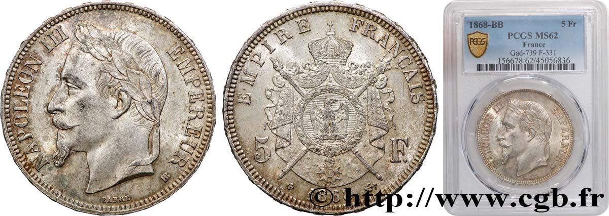 5 francs Napoléon III, tête laurée 1868 Strasbourg F.331/13 SPL62 PCGS