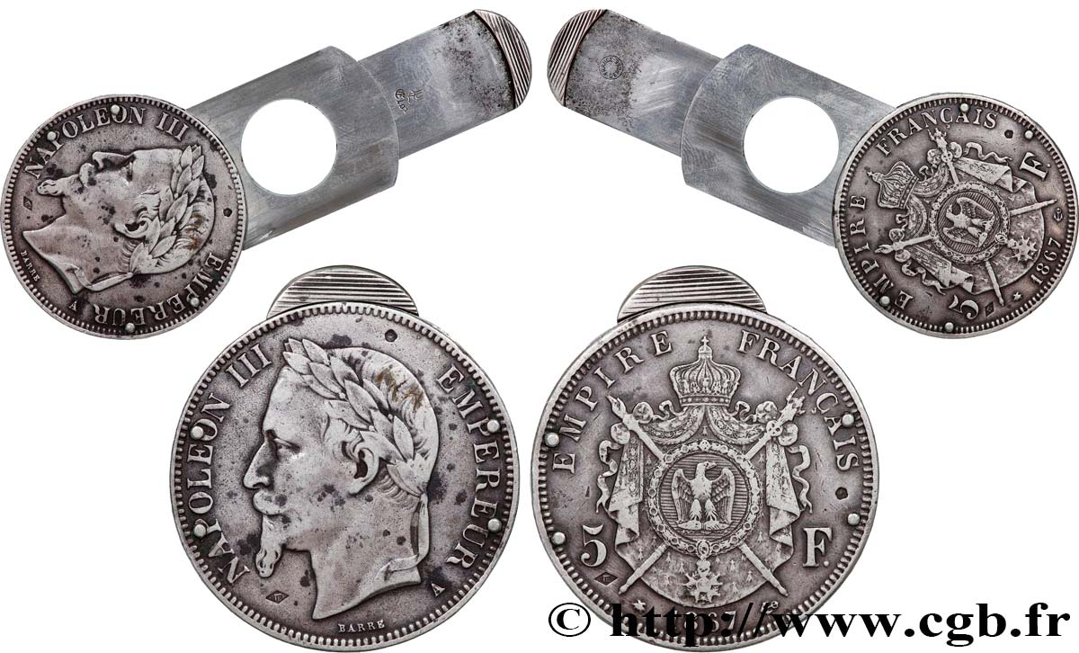 5 francs Napoléon III, tête laurée, transformée en coupe cigare 1867 Paris F.331/10 var. XF 
