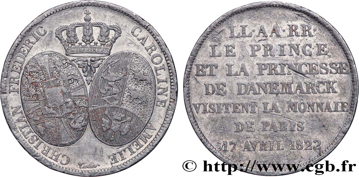 Monnaie de visite en étain, module de 2 francs, pour le Prince du Danemark à la Monnaie de Paris 1822 Paris VG.cf. 2544 (en étain) SUP 