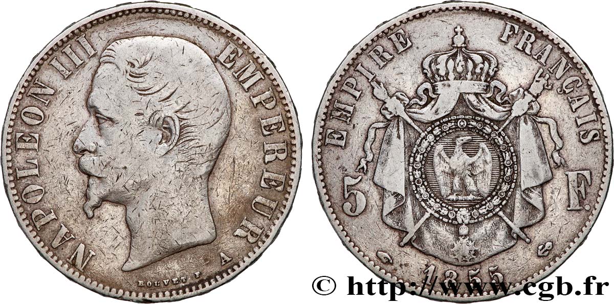 5 francs Napoléon III, tête nue 1855 Paris F.330/3 TB 