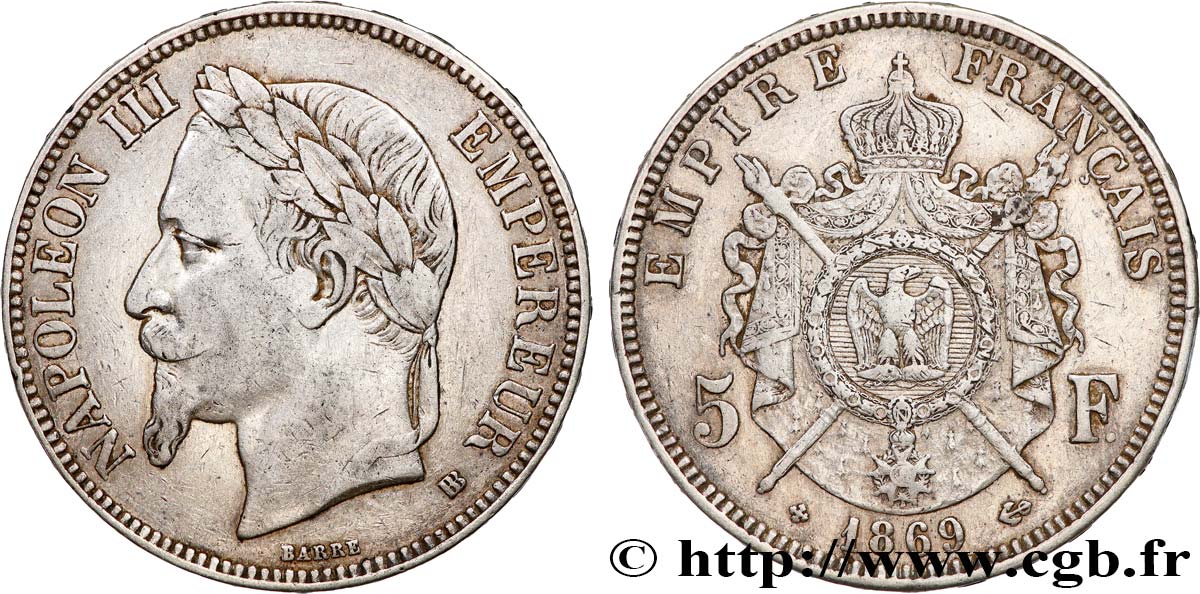 5 francs Napoléon III, tête laurée 1869 Strasbourg F.331/15 VF 