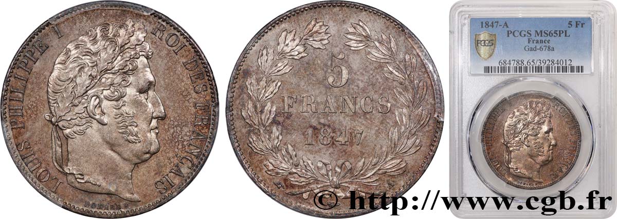 5 francs IIIe type Domard, Proof Like 1847 Paris F.325/14 ST65 PCGS