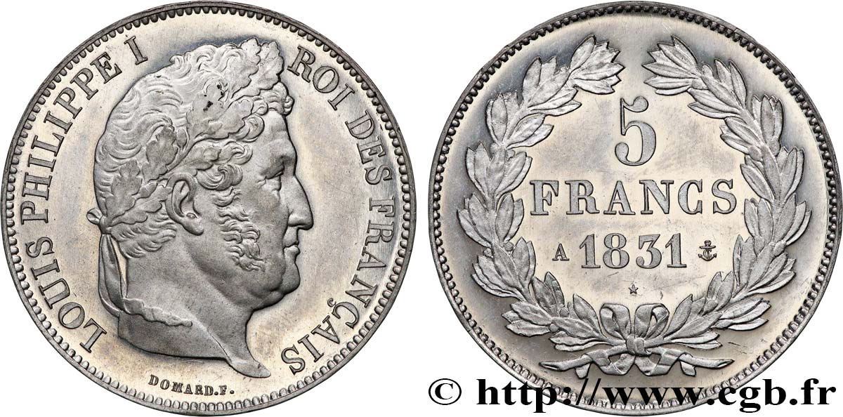 Essai-concours de 5 francs Domard en étain, type adopté 1831 Paris G.660  SPL 