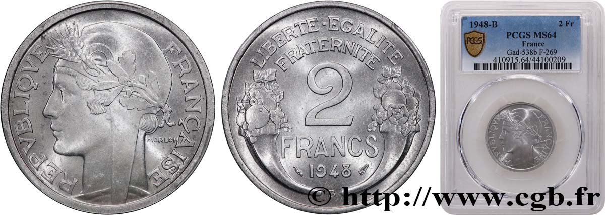 2 francs Morlon, aluminium 1948 Beaumont-Le-Roger F.269/13 fST64 PCGS