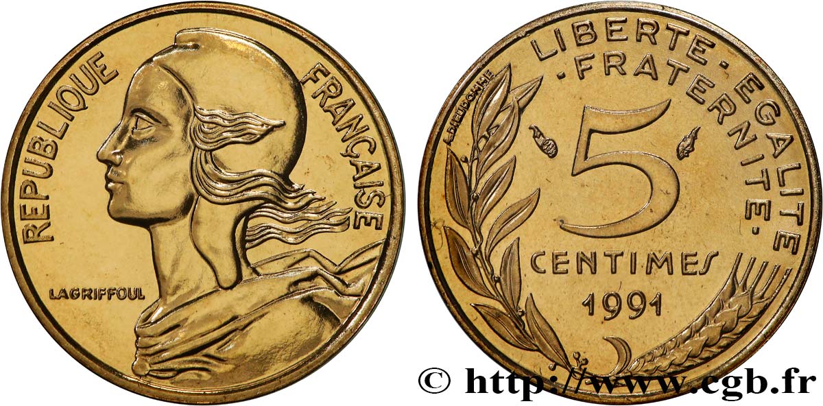 5 centimes Marianne, BU (Brillant Universel), frappe médaille 1991 Pessac F.125/28 ST 