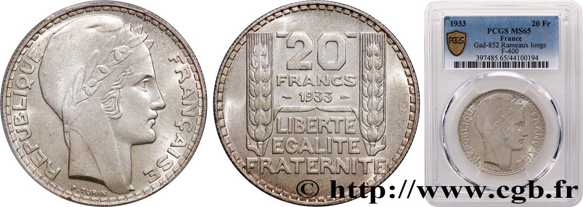 20 francs Turin, Rameaux Longs 1933  F.400/5 FDC65 PCGS