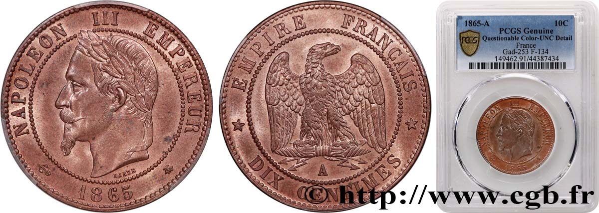 Dix centimes Napoléon III, tête laurée 1865 Paris F.134/16 MS PCGS