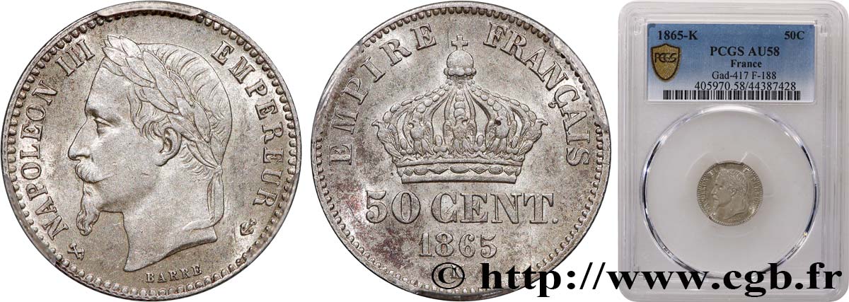 50 centimes Napoléon III, tête laurée 1865 Bordeaux F.188/8 VZ58 PCGS