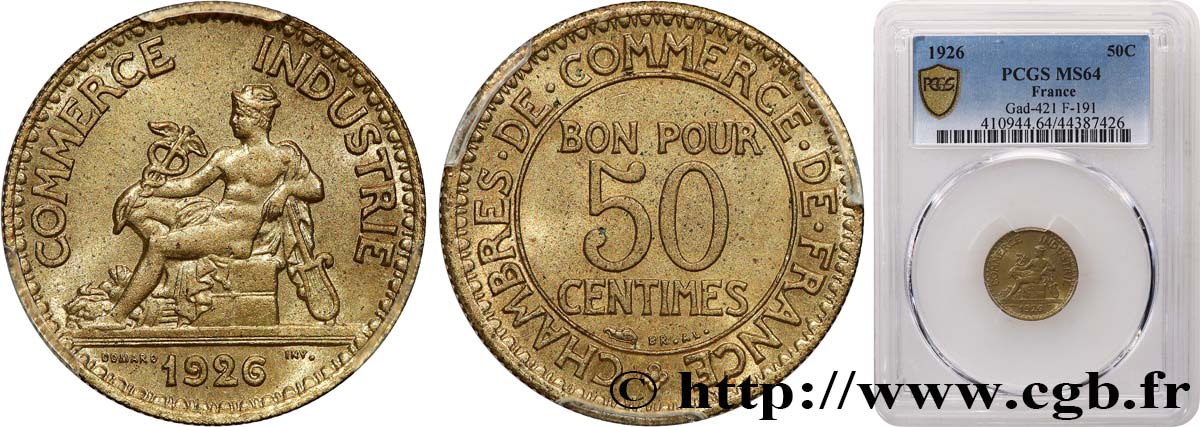 50 centimes Chambres de Commerce 1926 Paris F.191/8 SPL64 PCGS