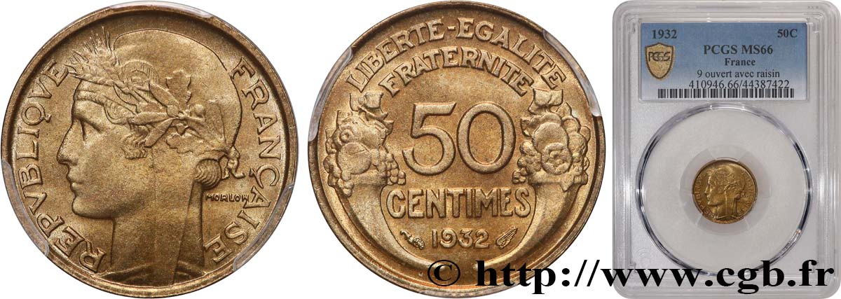 50 centimes Morlon, avec raisin, 9 et 2 ouverts 1932  F.192/7 ST66 PCGS