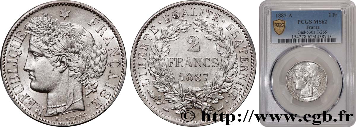 2 francs Cérès, avec légende 1887 Paris F.265/13 VZ62 PCGS