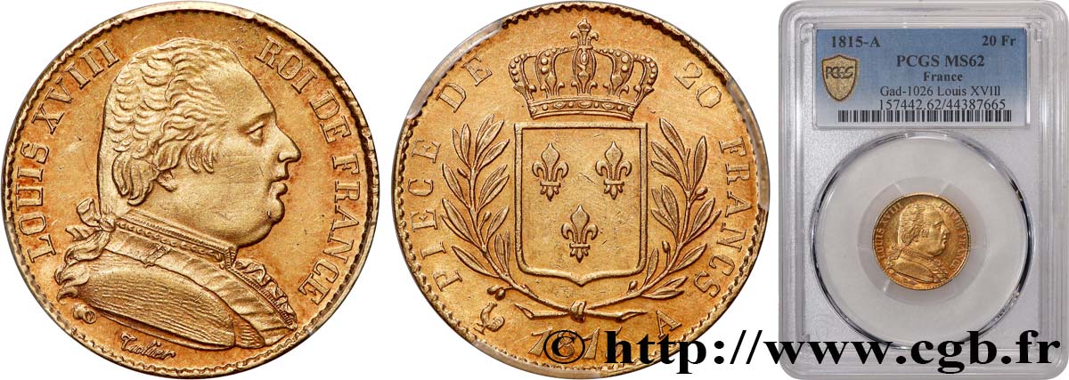 20 francs or Louis XVIII, buste habillé 1815 Paris F.517/10 EBC62 PCGS