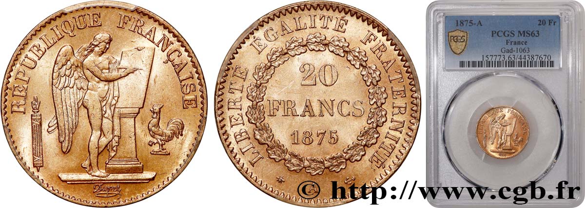 20 francs or Génie, Troisième République 1875 Paris F.533/3 fST63 PCGS