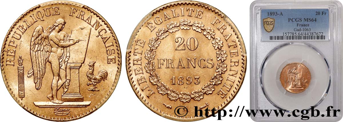 20 francs or Génie, Troisième République 1893 Paris F.533/17 fST64 PCGS