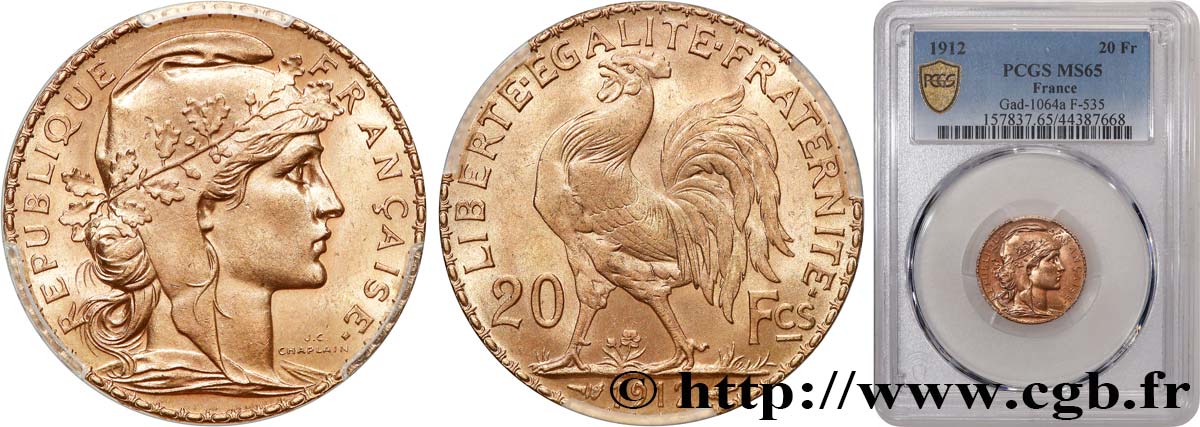 20 francs or Coq, Liberté Égalité Fraternité 1912 Paris F.535/6 FDC65 PCGS