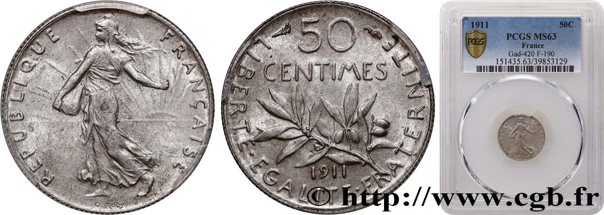 50 centimes Semeuse 1911 Paris F.190/18 fST63 PCGS