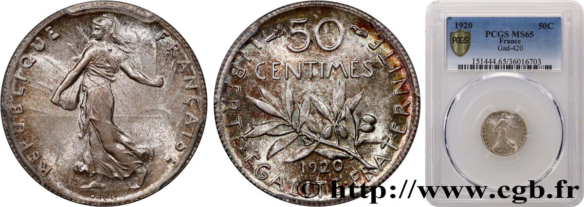 50 centimes Semeuse 1920 Paris F.190/27 MS65 PCGS