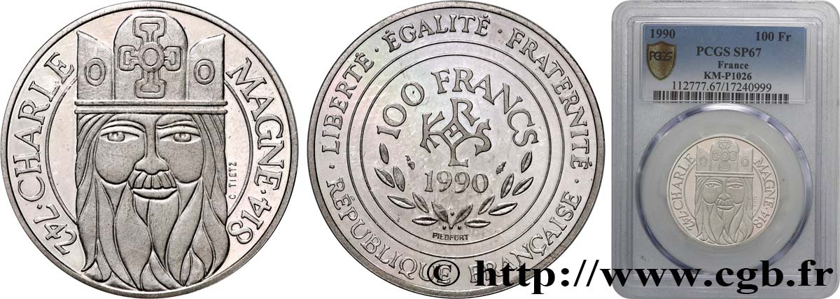 Piéfort Belle Épreuve de 100 francs Charlemagne 1990 Pessac GEM.239 P1 FDC67 PCGS