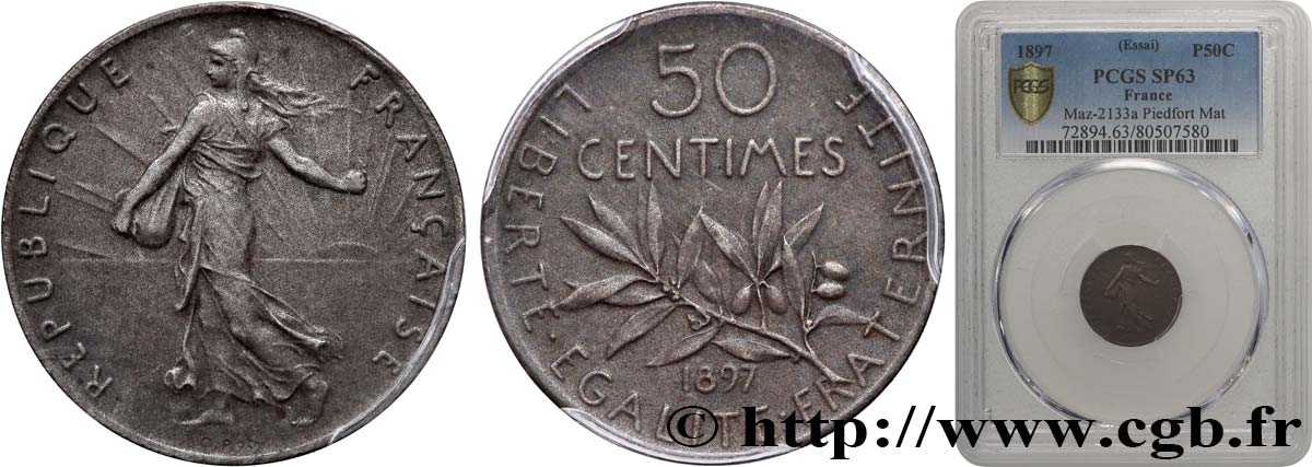 Piéfort de 50 centimes Semeuse, flan mat 1897 Paris GEM.81 P3 MS63 PCGS