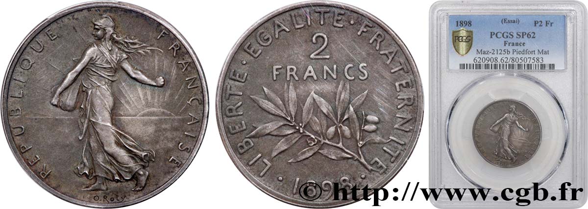 Piéfort 2 francs Semeuse, flan mat, vieil argent 1898 Paris GEM.111 P1 SUP62 PCGS