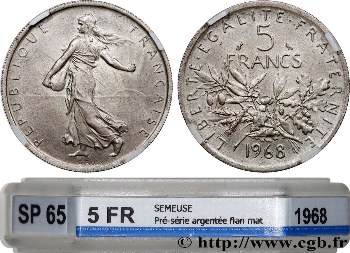Pré-série en cupro-nickel argenté de 5 francs Semeuse, Flan Mat 1968 Paris GEM.154 8 MS65 GENI