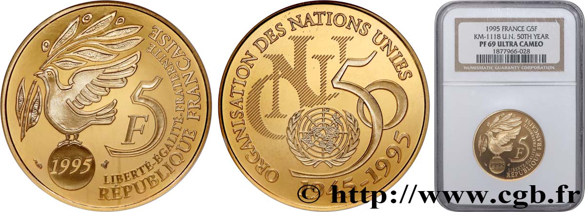 Belle Épreuve Or de 5 francs Cinquantenaire de l’ONU 1995 Pessac F.1203 1 FDC69 NGC