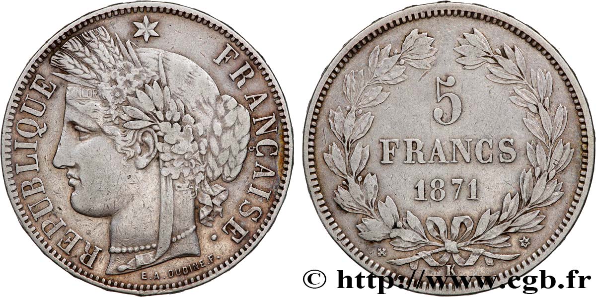 5 francs Cérès, sans légende 1871 Bordeaux F.332/8 XF 