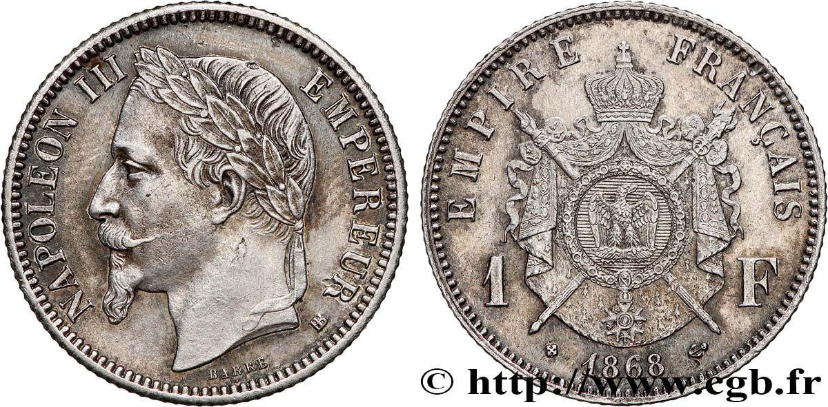 1 franc Napoléon III, tête laurée 1868 Strasbourg F.215/11 MBC+ 