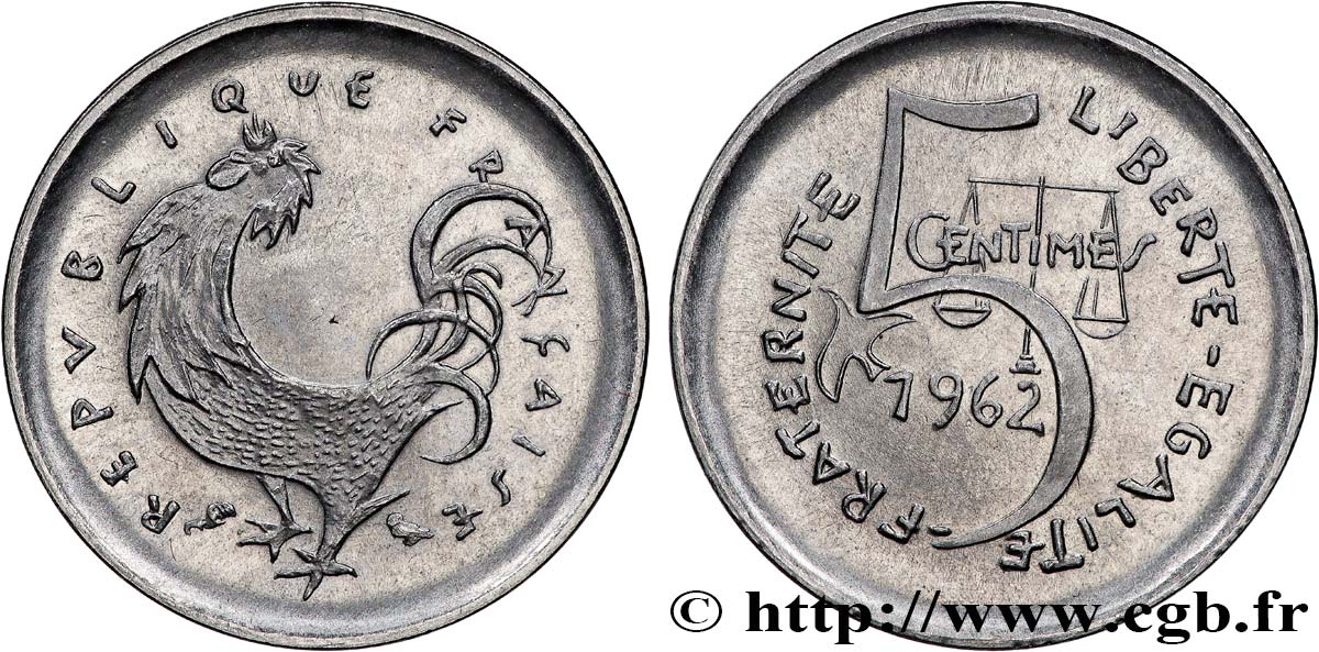 5 centimes, second projet de Joly, petit module 1962 Paris GEM.20 3 SPL63 