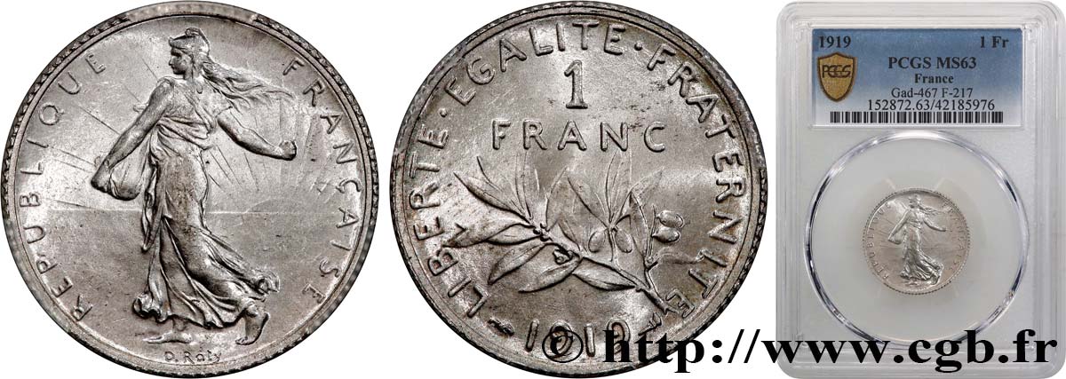 1 franc Semeuse 1919 Paris F.217/25 fST63 PCGS