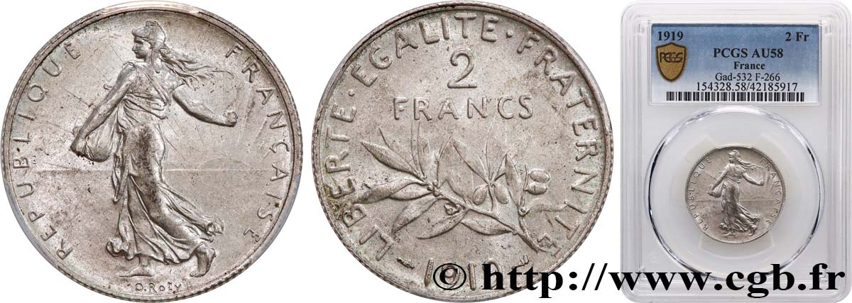 2 francs Semeuse 1919  F.266/21 SUP58 PCGS