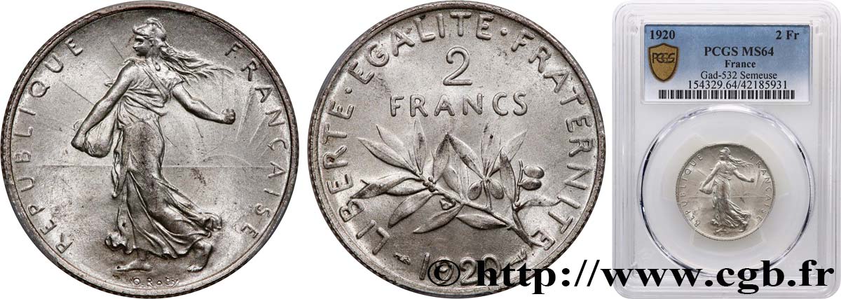 2 francs Semeuse 1920  F.266/22 MS64 PCGS