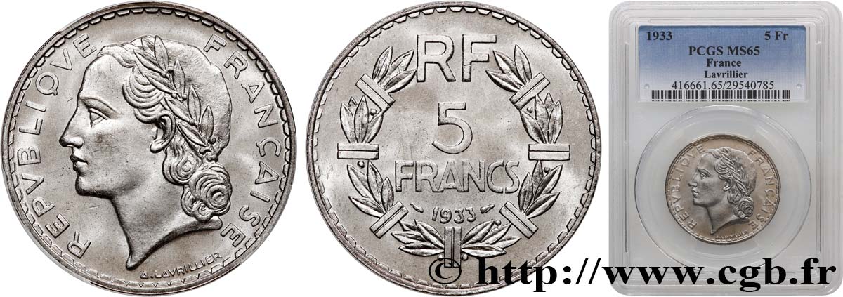 5 francs Lavrillier, nickel 1933  F.336/2 ST65 PCGS