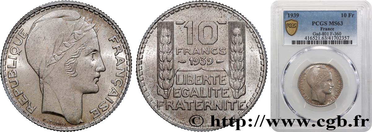 10 francs Turin 1939  F.360/10 SPL63 PCGS