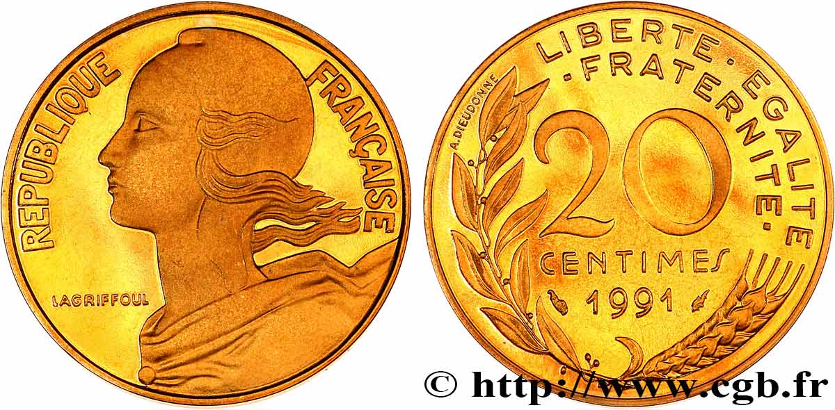 20 centimes Marianne, BE (Belle Épreuve) 1991 Pessac F.156/31 var. MS 