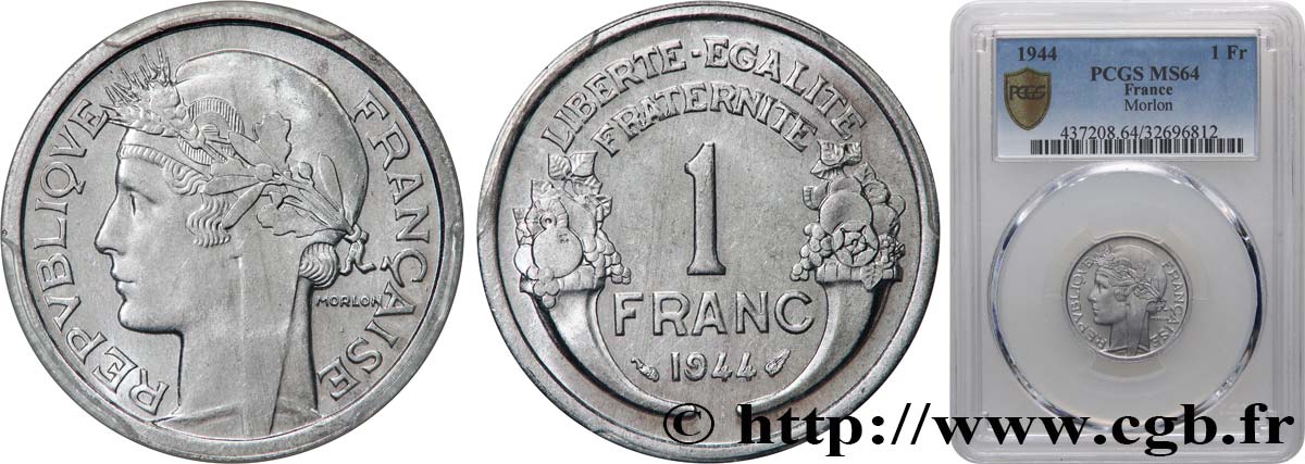 1 franc Morlon, légère 1944 Paris F.221/3 MS64 PCGS