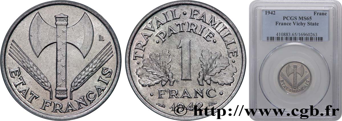 1 franc Francisque, lourde 1942 Paris F.222/3 MS65 PCGS