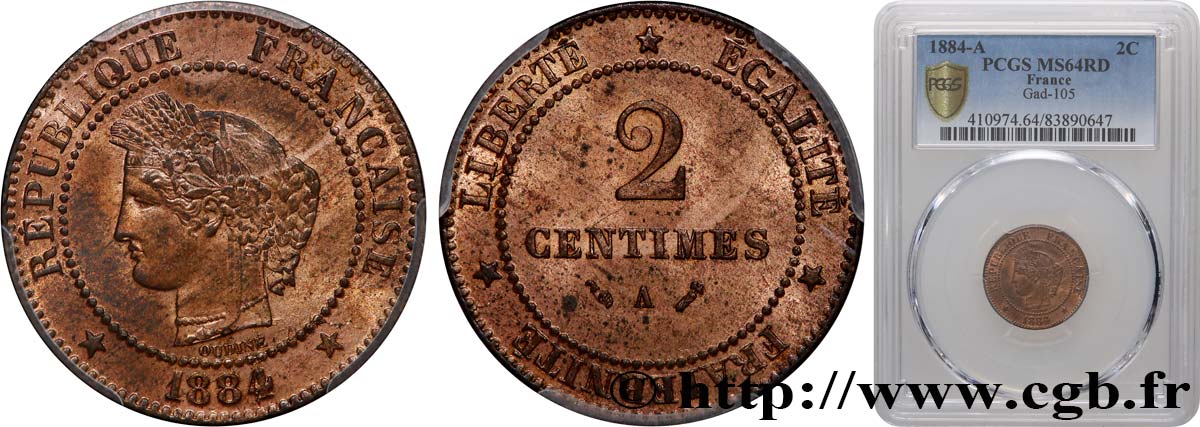 2 centimes Cérès 1884 Paris F.109/9 SPL64 PCGS