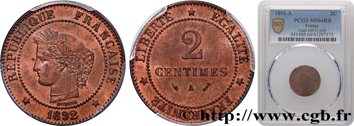 2 centimes Cérès 1892 Paris F.109/18 MS64 PCGS
