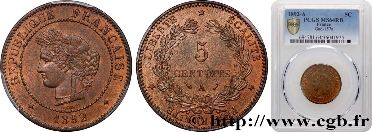 5 centimes Cérès 1892 Paris F.118/34 MS64 PCGS