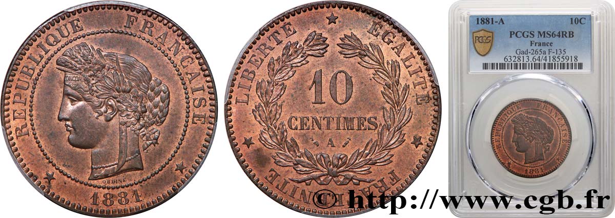 10 centimes Cérès 1881 Paris F.135/25 SPL64 PCGS