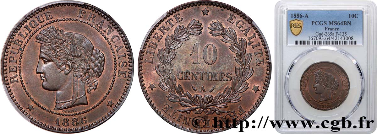 10 centimes Cérès 1886 Paris F.135/30 fST64 PCGS