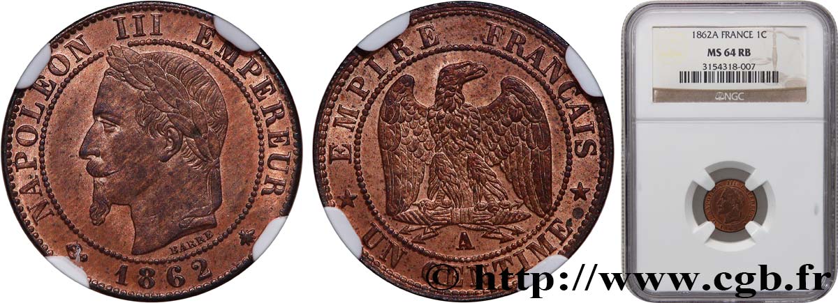 Un centime Napoléon III, tête laurée 1862 Paris F.103/4 SC64 NGC